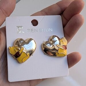 Winnie-the-Pooh Heart Stud Earrings – Gold & Yellow Enamel